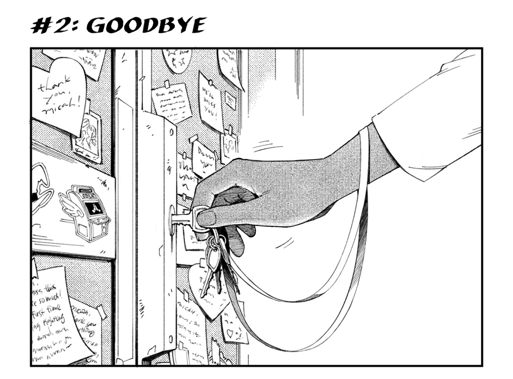 MICAH locks a door. It is covered in goodbye notes and letters of gratitude.

Below a giant ARCADE sign, a commercial lease notice is plastered to the window next to the farewell notes. MICAH walks away towards someone.
MICAH: Hope you got me one of those, too, Paz.

A young woman in a bucket hat, dress, and slouchy cardigan holds a bubble tea drink and offers another to MICAH.
PAZ: Well, turns out the boba place next door only sells in twos for some reason? So here's an Iron Buddha.

PAZ: You gonna be okay, Micah?
MICAH, wiping away tears: Yeah, I'm fine. Don't worry about this dinosaur.

PAZ, patting MICAH on the back as they descend the plaza steps: C'mon, we might catch the end of top 8 if we get back in time!
MICAH, slurping his boba: Oh right, Vijay...