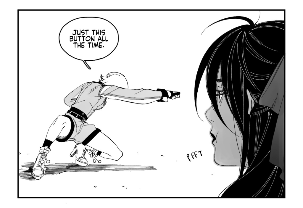 GC, holding a Dreamcast from a storage container and popping out the game disc inside: Why does Micah have a tub full of twenty Dreamcasts? (Has he never heard of using a MiSTER?)
GLOOMY, holding a broom: Old.

GC imitating one of the moves: Just this button all the time.
GLOOMY snorts in amusement.

GLOOMY does her own impression of a move: This one.
GC smirks.

MICAH, angry, standing behind an oblivious GC doing another pose: I asked you two to unpack these boxes nearly FOUR HOURS AGO.
GC: Help
GLOOMY runs away.